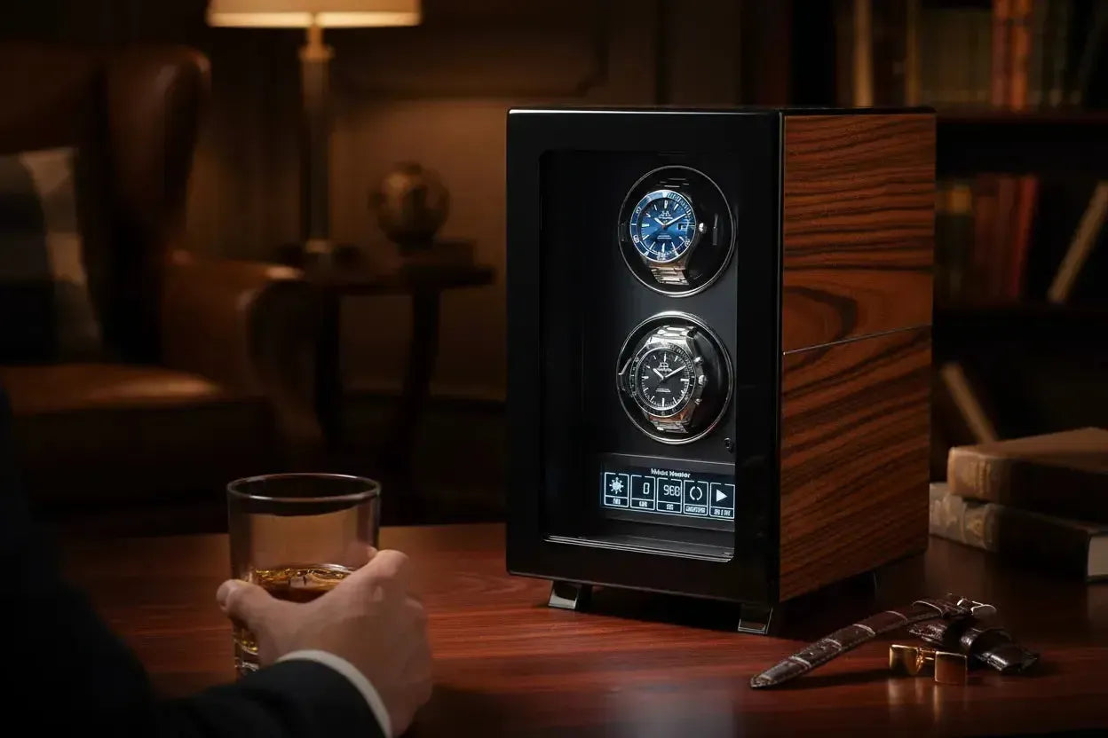 Aevitas Zebrano Ebony piano lacquer watch winder with Omega Seamaster and Speedmaster — premium automatic watch winder UK