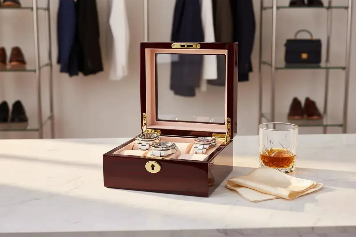 Aevitas Premium 6 Watch Box Cherry Wood Piano Gloss with Rolex Datejust and Omega De Ville — watch box and storage case UK