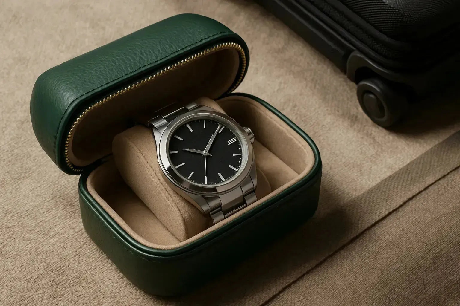 Premium Travel Watch Protection: Green Leather Elegance