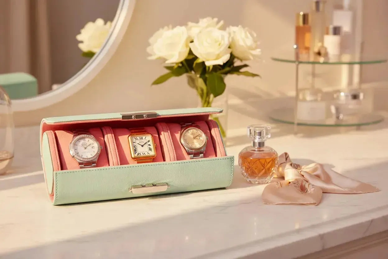 Aevitas Premium Ladies Watch Roll Tiffany Blue Saffiano Leather with Pink Lining displaying Omega Constellation and Cartier Tank — ladies watch roll UK