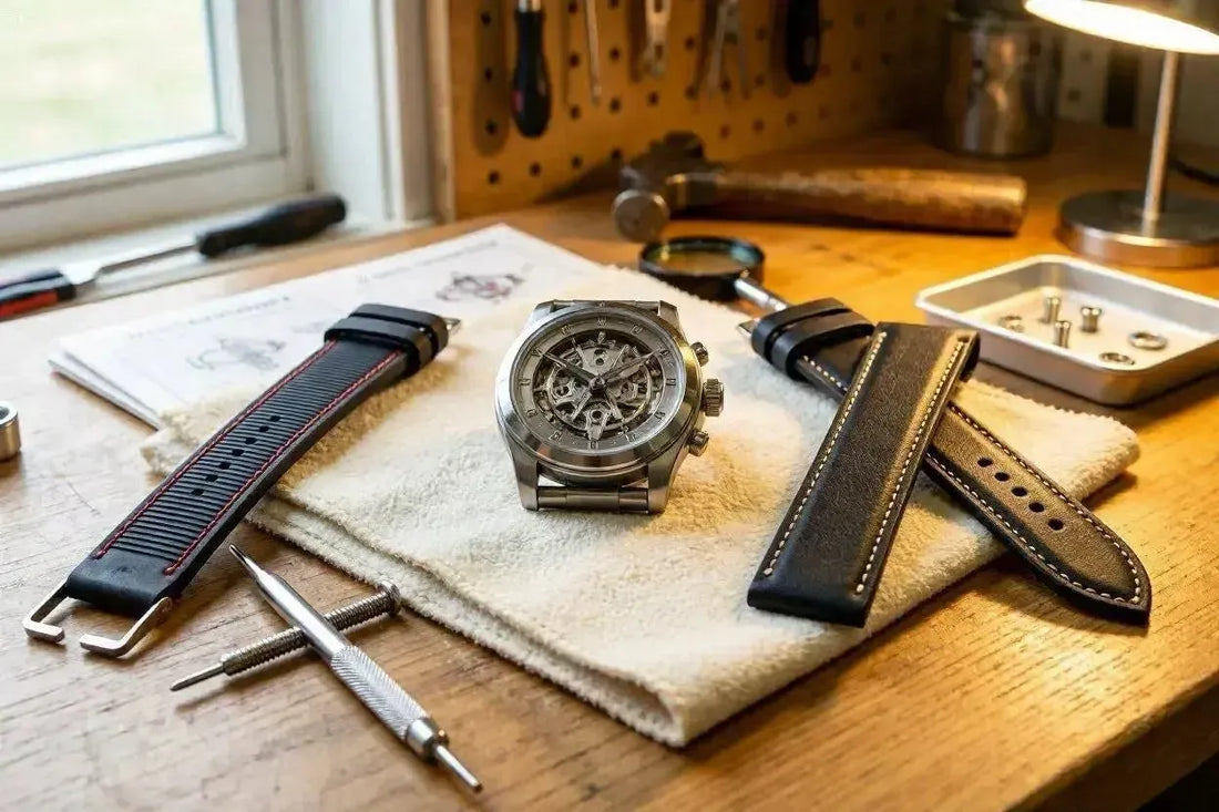 Skeleton watch on a workbench with two replacement straps, tools, and a microfiber cloth for strap maintenance.
