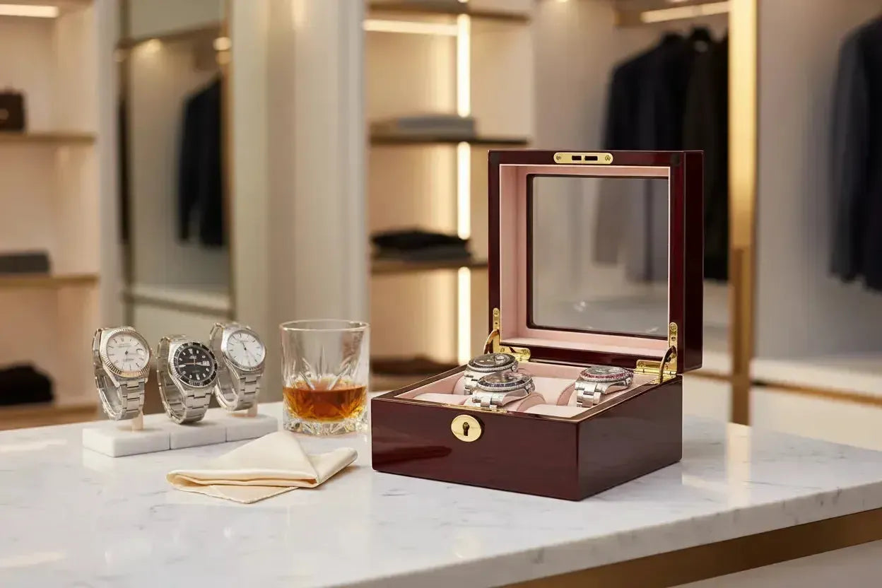 Aevitas Wooden Watch Box Cherry Wood Piano Gloss with Rolex Datejust and Patek Philippe Calatrava — wooden watch box UK