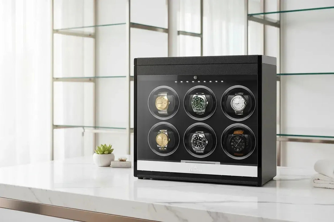 Aevitas 6 Watch Winder Carbon Fibre with Rolex Submariner, Omega Seamaster, TAG Heuer Carrera, Breitling Navitimer, Hublot Big Bang and IWC Portugieser — carbon fibre watch winder UK