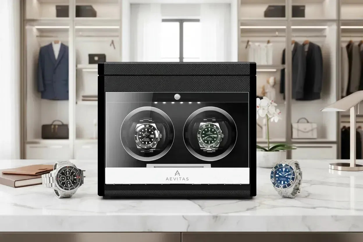 Aevitas 2 watch winder carbon fibre finish with Breitling Navitimer and Superocean — premium watch winder for Breitling watches UK