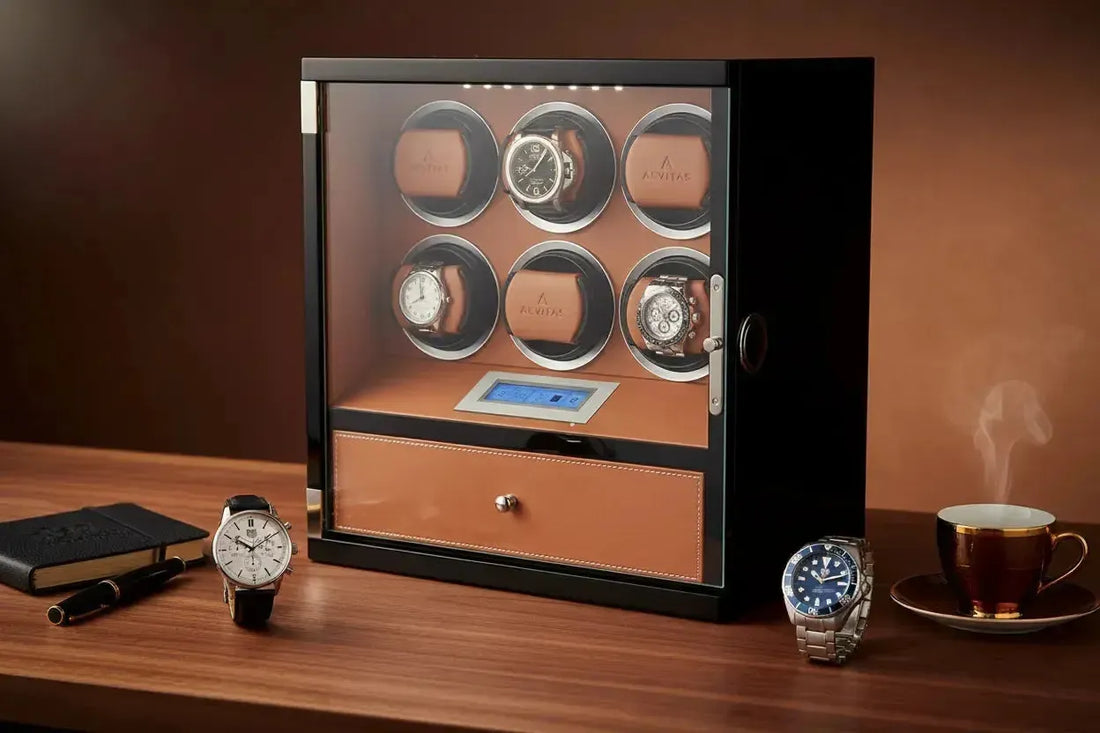 Aevitas 6 watch winder piano black with Tag Heuer Carrera and Aquaracer — luxury watch winder for Tag Heuer watches UK
