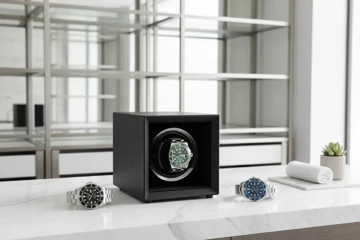Aevitas Single Watch Winder Carbon Fibre with Rolex Submariner and Omega Seamaster — single watch winder UK