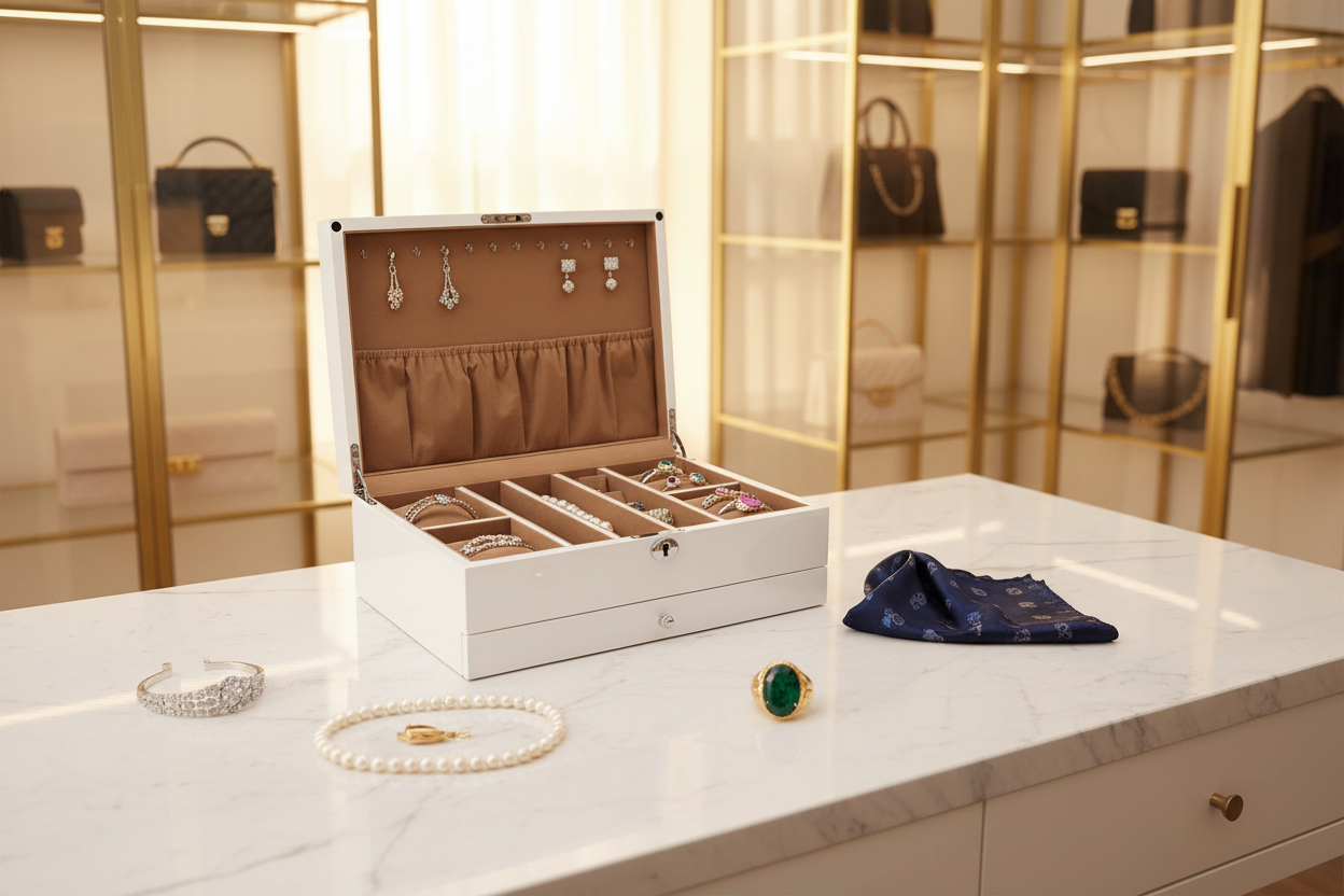 Aevitas Premium Extra Large White Gloss Jewellery Box open displaying compartments — best luxury jewellery boxes USA 2026