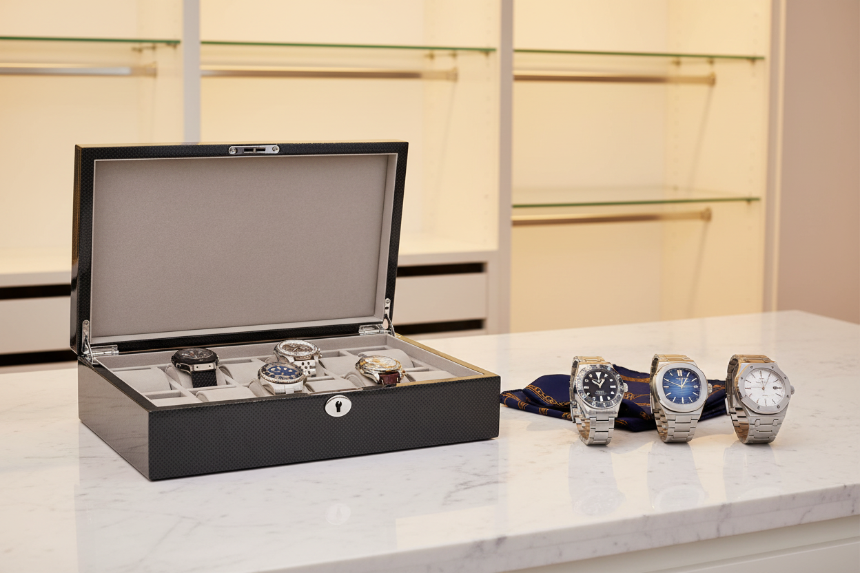 Aevitas 12 Watch Box Carbon Fibre with Rolex Submariner, Patek Philippe Nautilus and Audemars Piguet Royal Oak — best watch boxes USA 2026