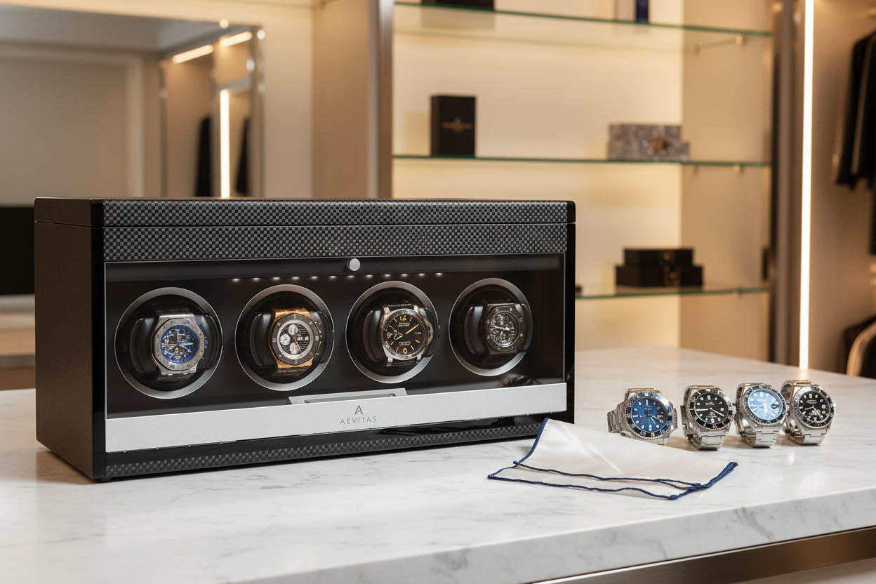 4 Watch Winder Carbon Fibre by Aevitas with Rolex, Omega, Patek Philippe and Audemars Piguet — best watch winders USA 2026
