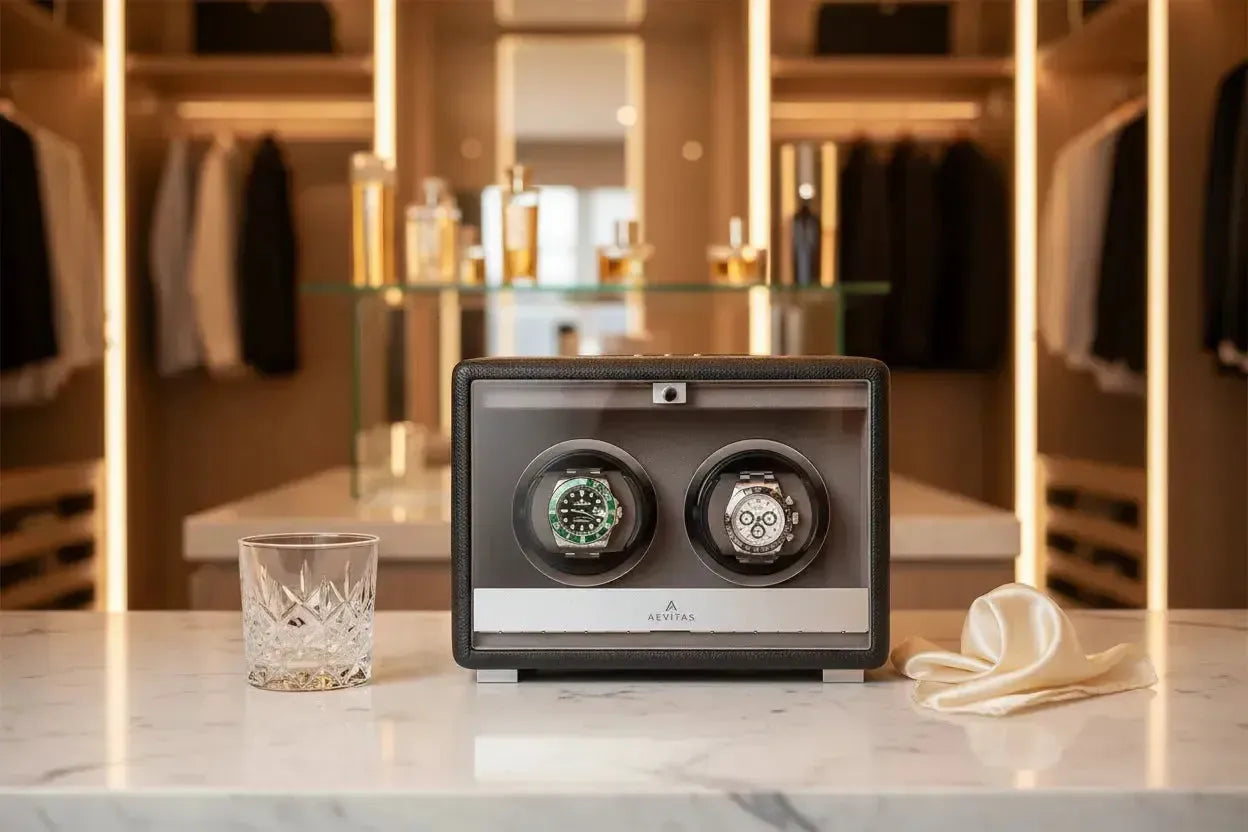 Aevitas Premium Dual Watch Winder Black Genuine Leather with Rolex Datejust and Patek Philippe Calatrava — premium automatic watch winder UK