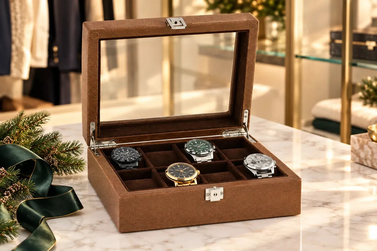 An open Aevitas cognac leather watch box holding luxury automatic watches, with festive green ribbon, on a white marble surface