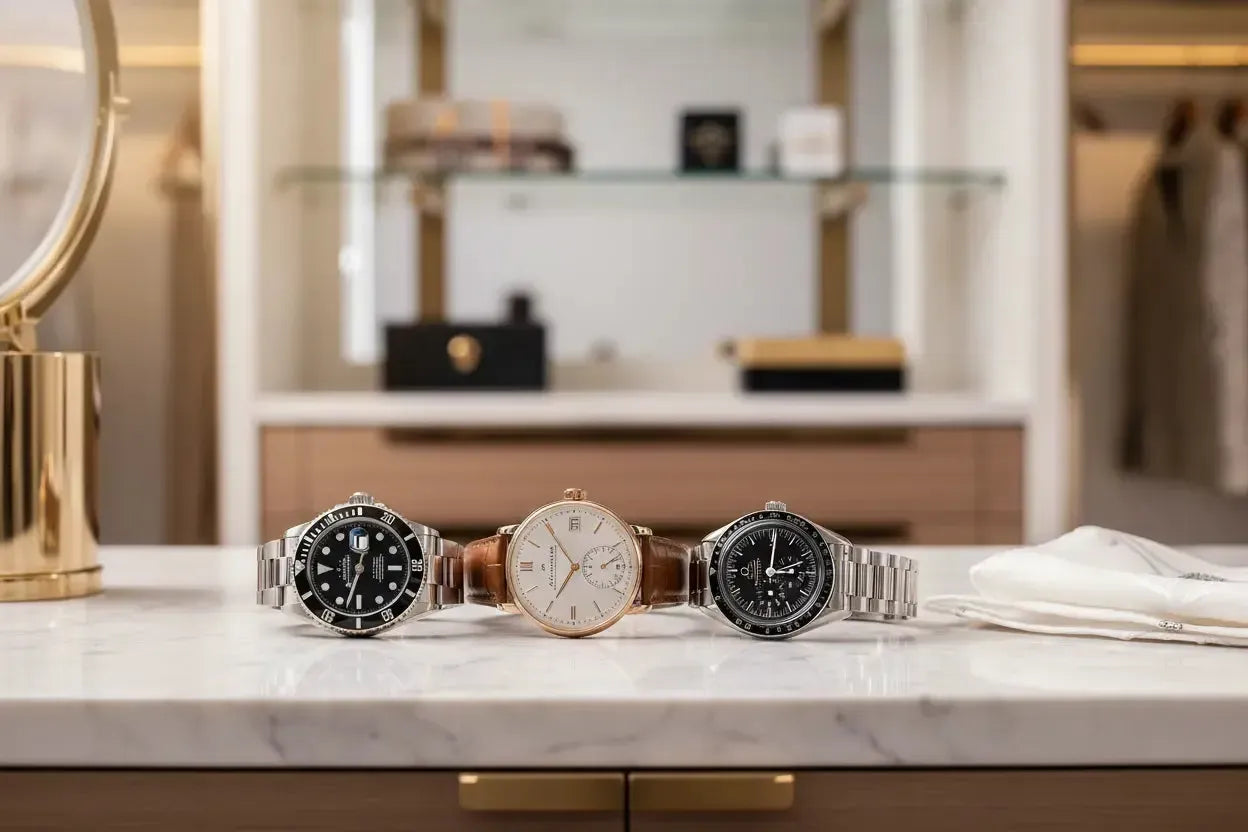 Rolex Submariner, A. Lange & Söhne Lange 1 & Omega Speedmaster on white marble