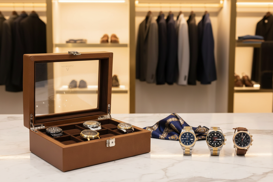 Aevitas Cognac Brown Leather 10 Watch Box with Rolex Datejust, Omega Seamaster and IWC Portugieser — luxury leather watch boxes USA 2026