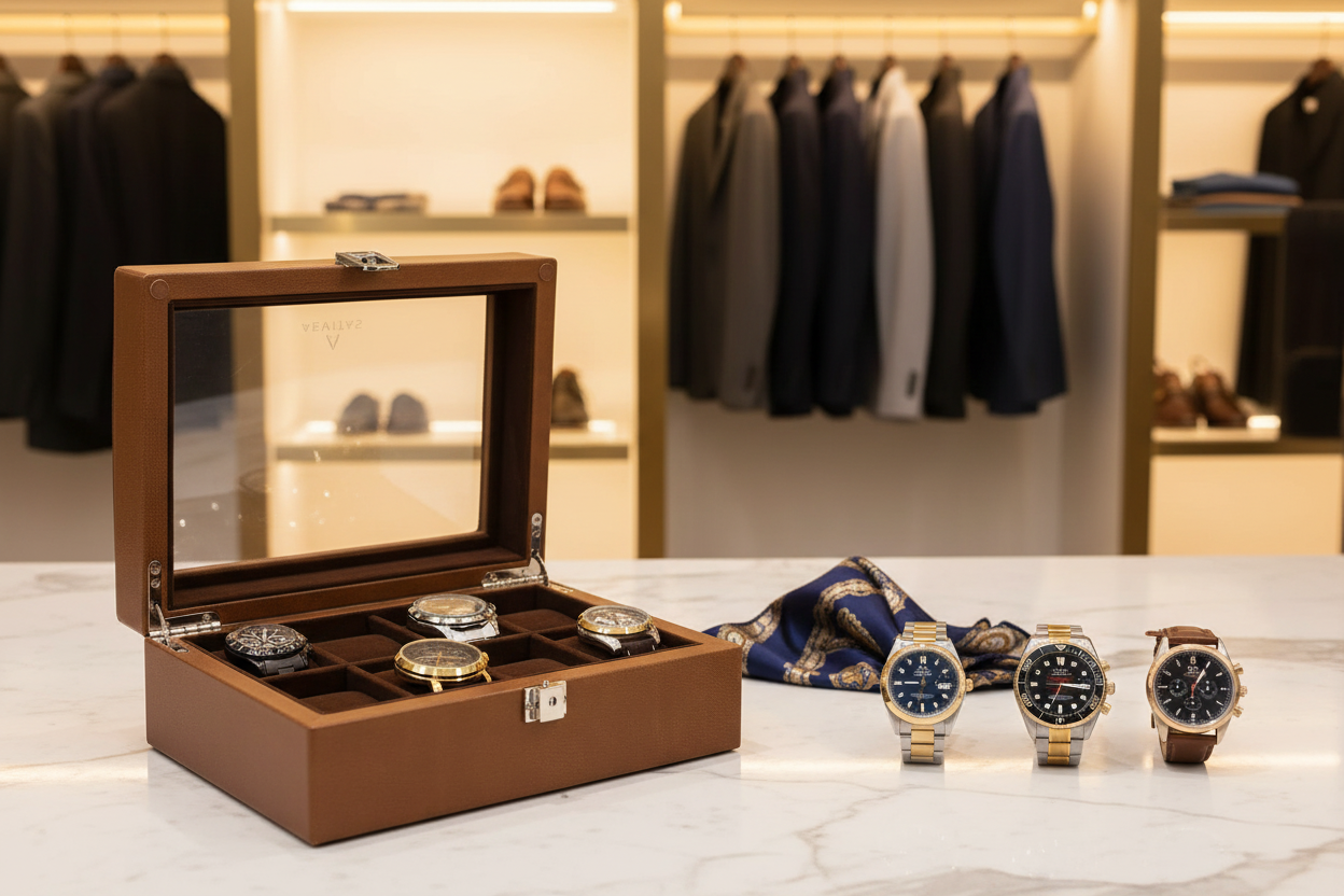Aevitas Cognac Brown Leather 10 Watch Box with Rolex Datejust, Omega Seamaster and IWC Portugieser — luxury leather watch boxes USA 2026