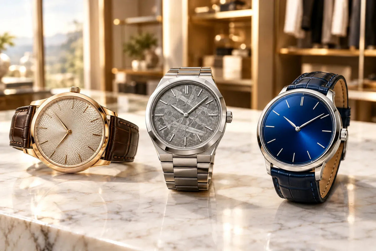 Three luxury automatic watches showing guilloché, meteorite and enamel dials on a white marble surface