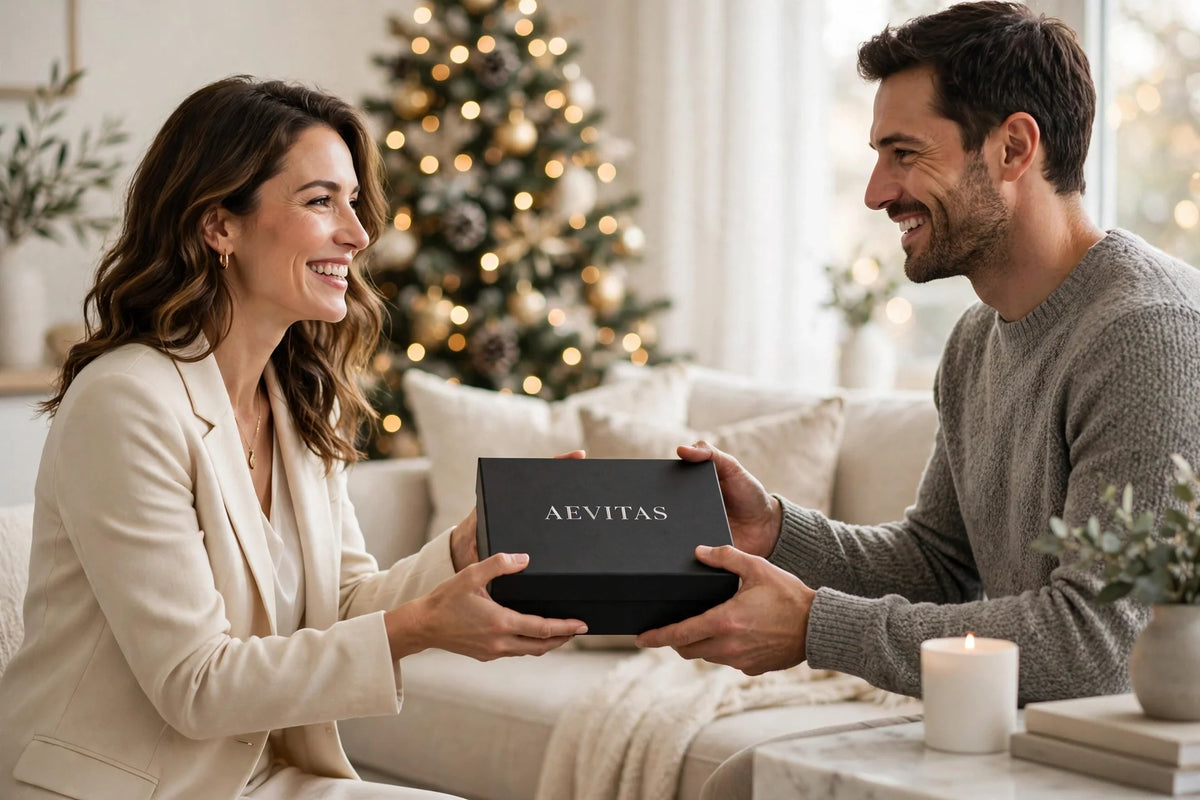 Woman handing her husband a black Aevitas gift box in a bright living room with a Christmas tree