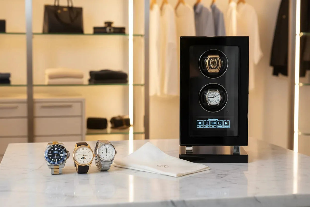 Aevitas Premium 12 Watch Winder Zebrano Ebony with Rolex GMT-Master II, Patek Philippe and IWC Portugieser — luxury watch winder and watch fairs guide UK