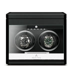 Aevitas 2 watch winder in carbon fibre finish with clear display and two rotating watches.