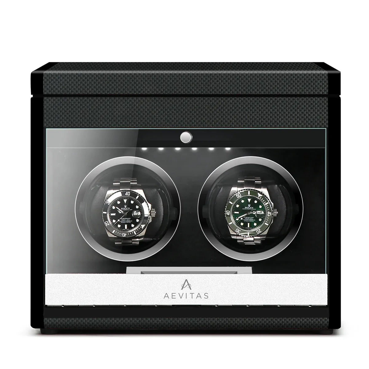Aevitas 2 watch winder in carbon fibre finish with clear display and two rotating watches.