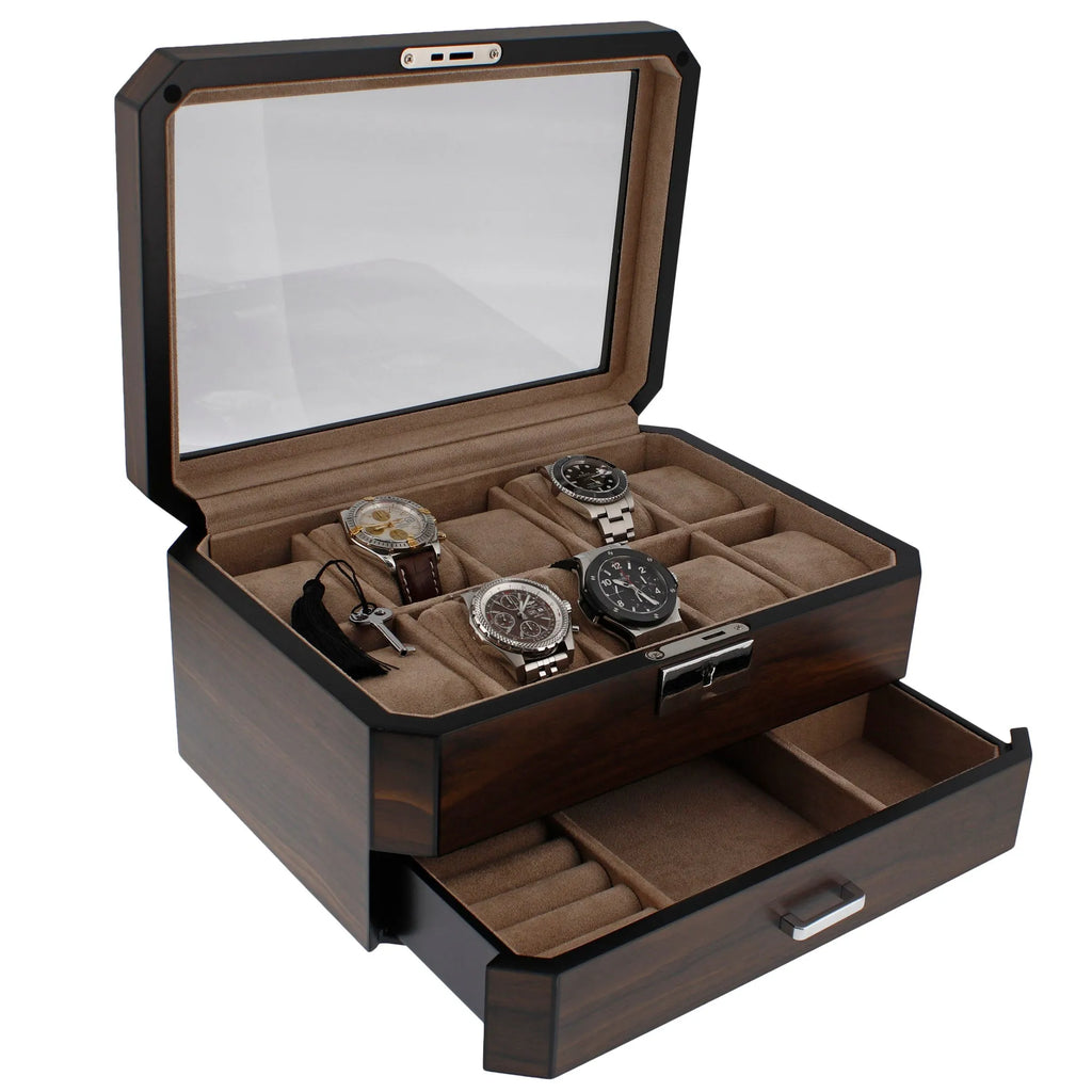 10 Watch Box With Drawer in Natural Dark Walnut Veneer Finish by Aevitas