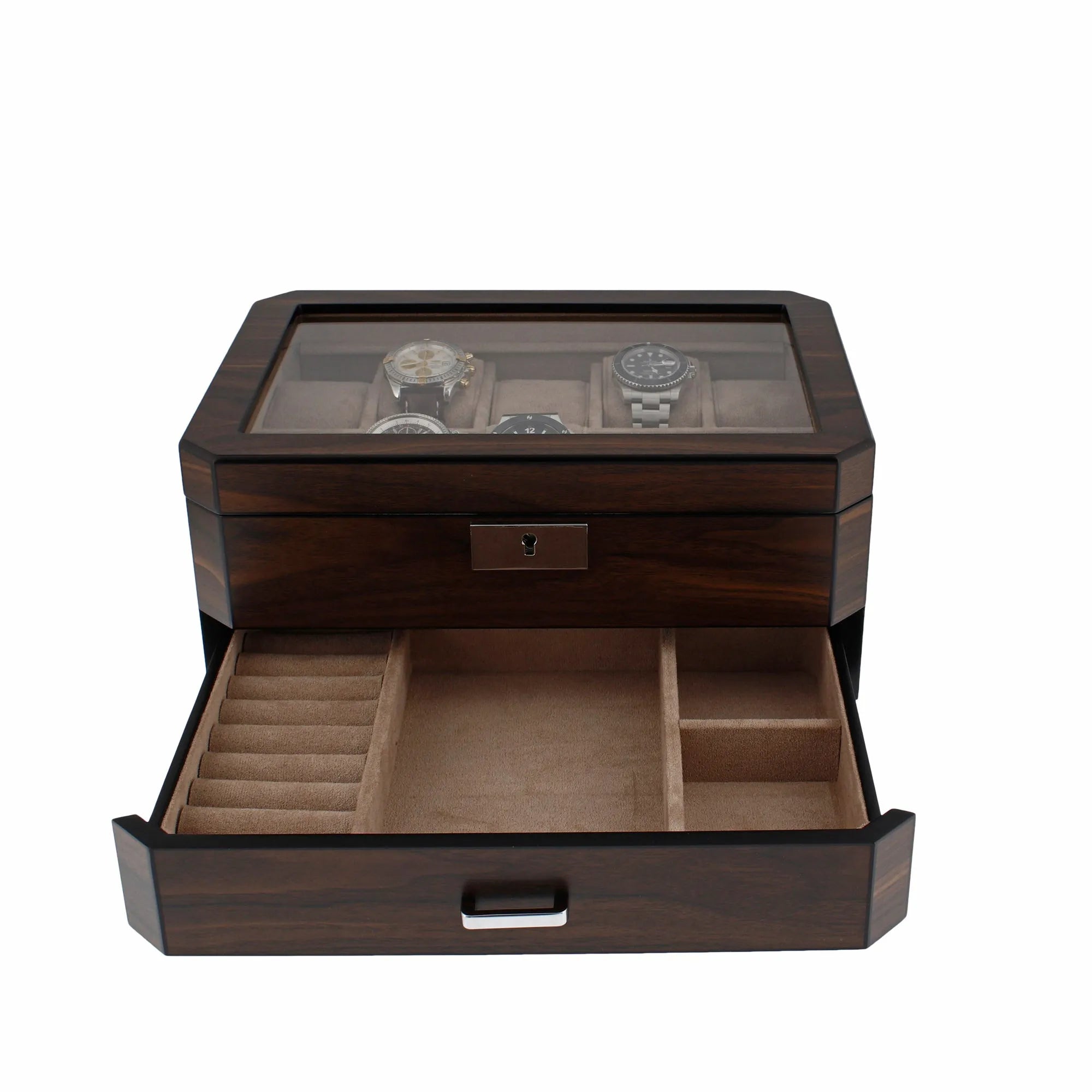 10 Watch Box With Drawer in Natural Dark Walnut Veneer Finish by Aevitas