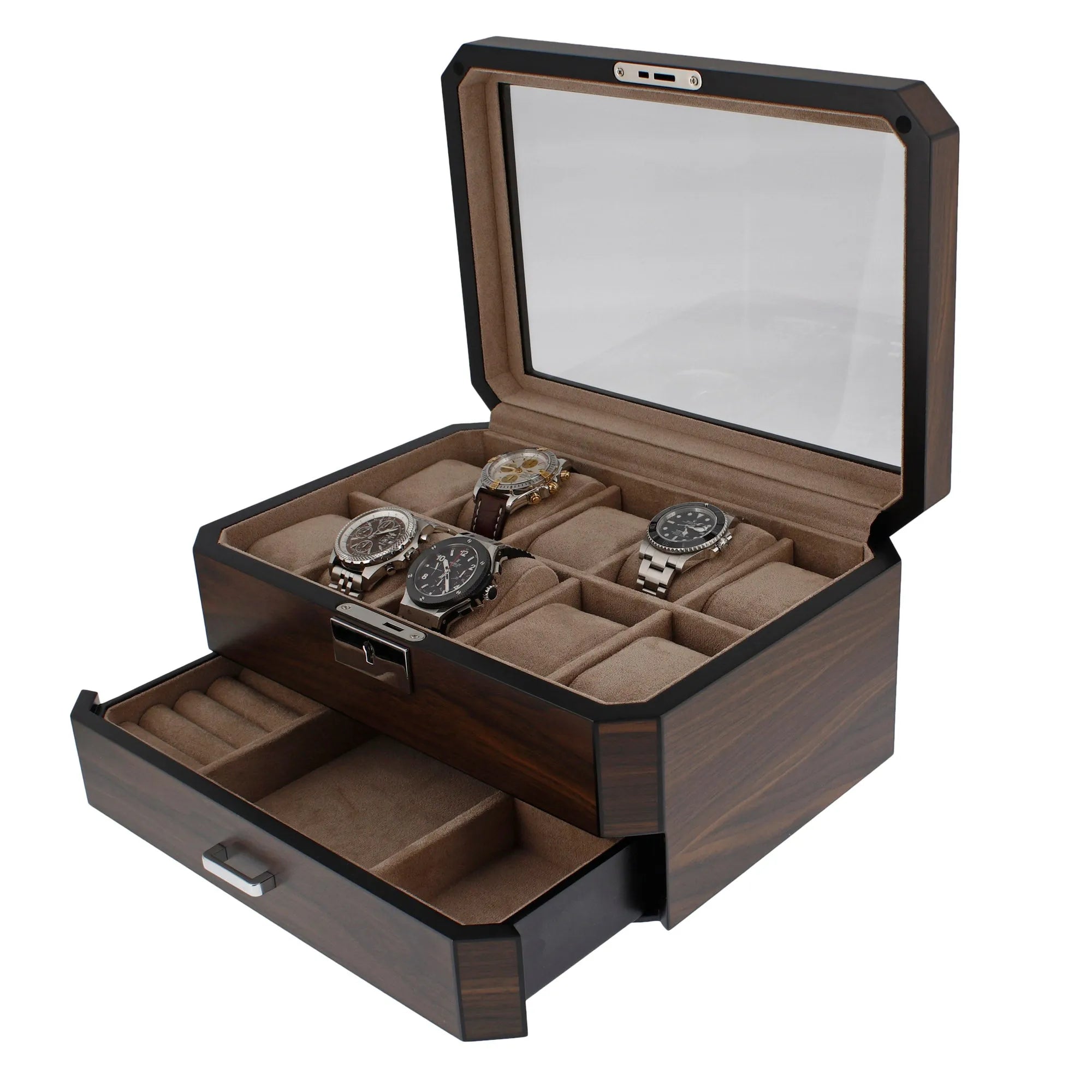 10 Watch Box With Drawer in Natural Dark Walnut Veneer Finish by Aevitas