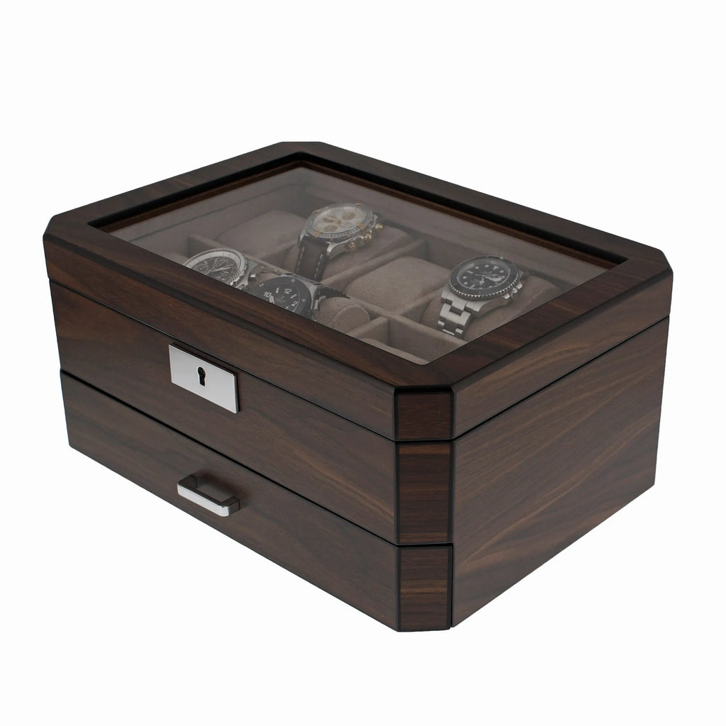 10 Watch Box With Drawer in Natural Dark Walnut Veneer Finish by Aevitas