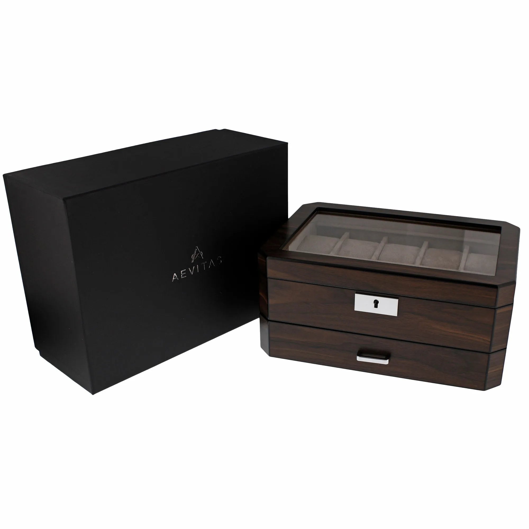 10 Watch Box With Drawer in Natural Dark Walnut Veneer Finish by Aevitas