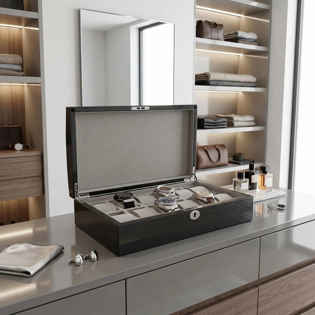 12 Watch Box with Curved Solid Lid in Carbon Fibre Finish by Aevitas