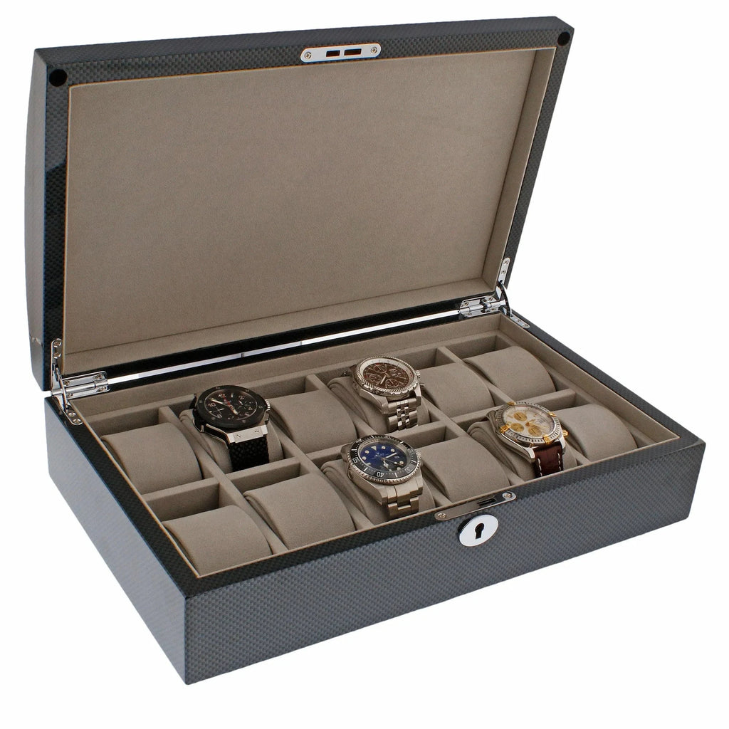 12 Watch Box with Curved Solid Lid in Carbon Fibre Finish by Aevitas