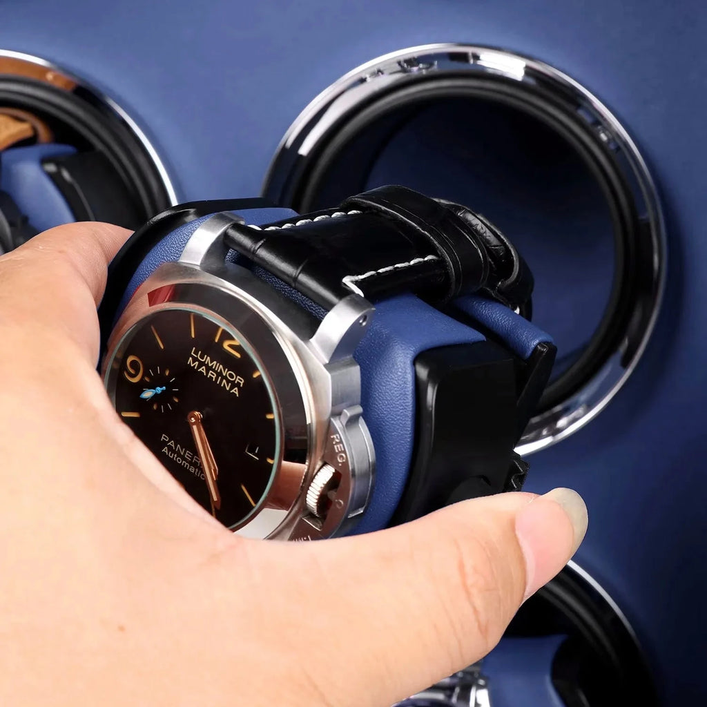 12 Watch Winder Safe Luxury Black Leather with Blue Interior by Aevitas