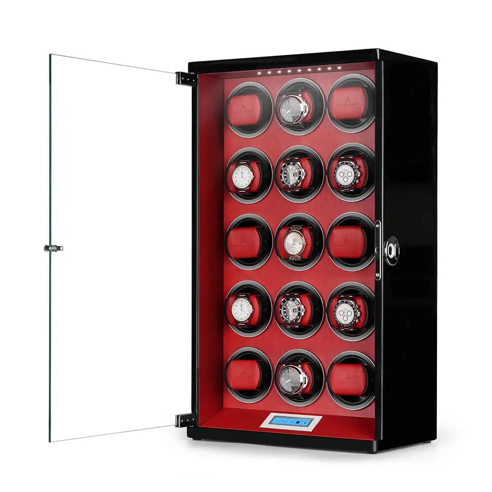 15 Watch Winder Piano Black Wood with Red Leather Interior Tower Series by Aevitas