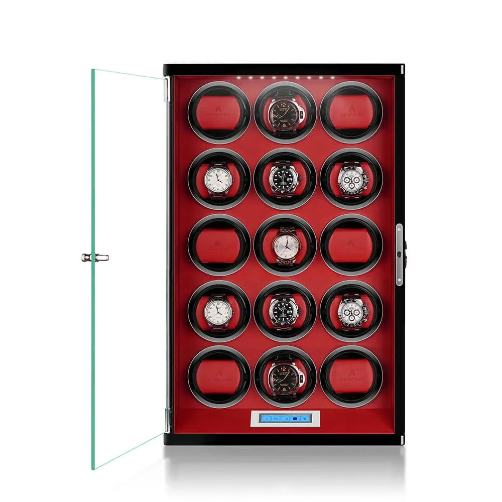 15 Watch Winder Piano Black Wood with Red Leather Interior Tower Series by Aevitas