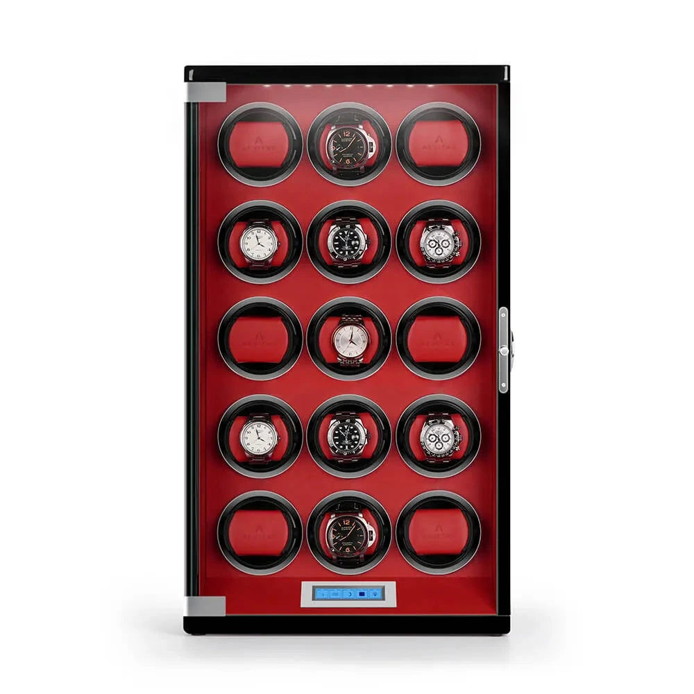 15 Watch Winder Piano Black Wood with Red Leather Interior Tower Series by Aevitas