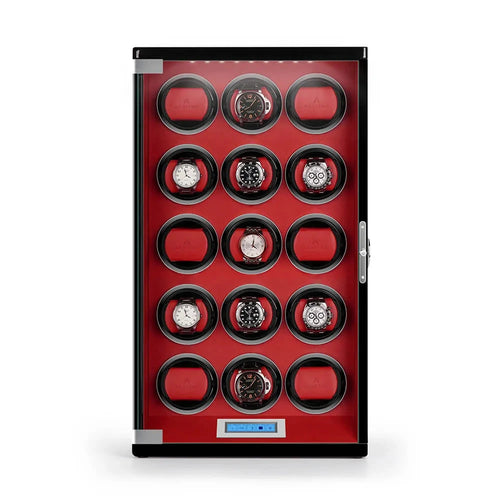 15 Watch Winder Piano Black Wood with Red Leather Interior Tower Series by Aevitas