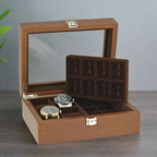 16 Cufflinks and 4 Piece Watch Box in Cognac Brown Genuine Leather Wood by Aevitas