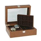 16 Cufflinks and 4 Piece Watch Box in Cognac Brown Genuine Leather Wood by Aevitas