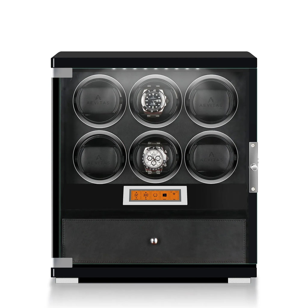 Aevitas 6 watch winder in piano black wood with glass door, storage drawer, and touchscreen.
