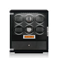 Aevitas 6 watch winder in piano black wood with glass door, storage drawer, and touchscreen.