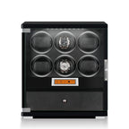 Aevitas 6 watch winder in piano black wood with glass door, storage drawer, and touchscreen.