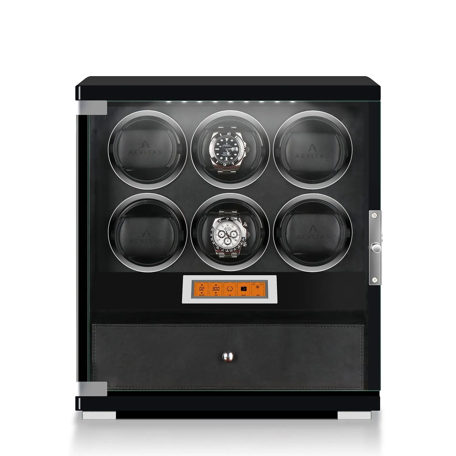 Aevitas 6 watch winder in piano black wood with glass door, storage drawer, and touchscreen.