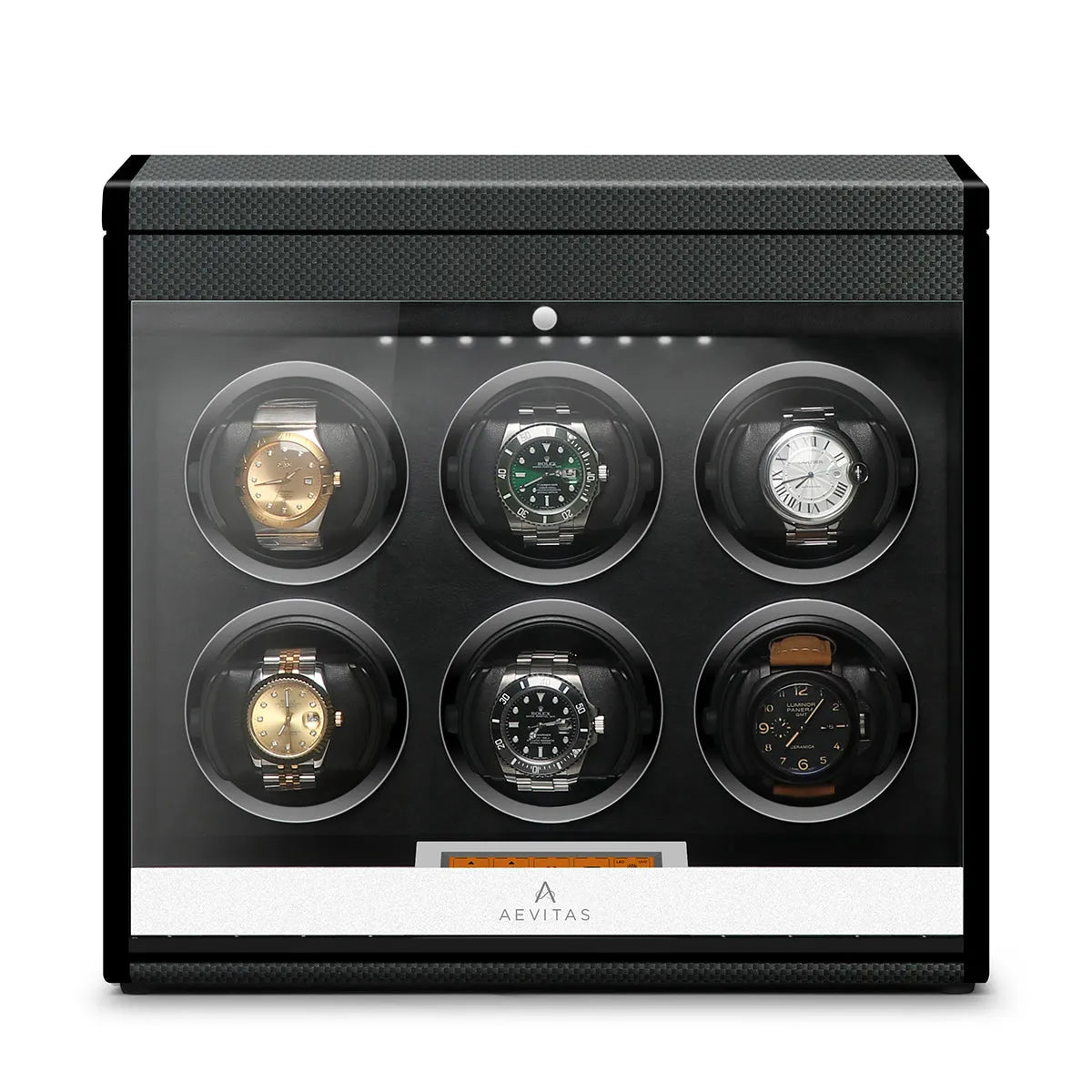 Aevitas carbon fibre 6-watch winder with a glass door, black interior, and digital control display for automatic watches.
