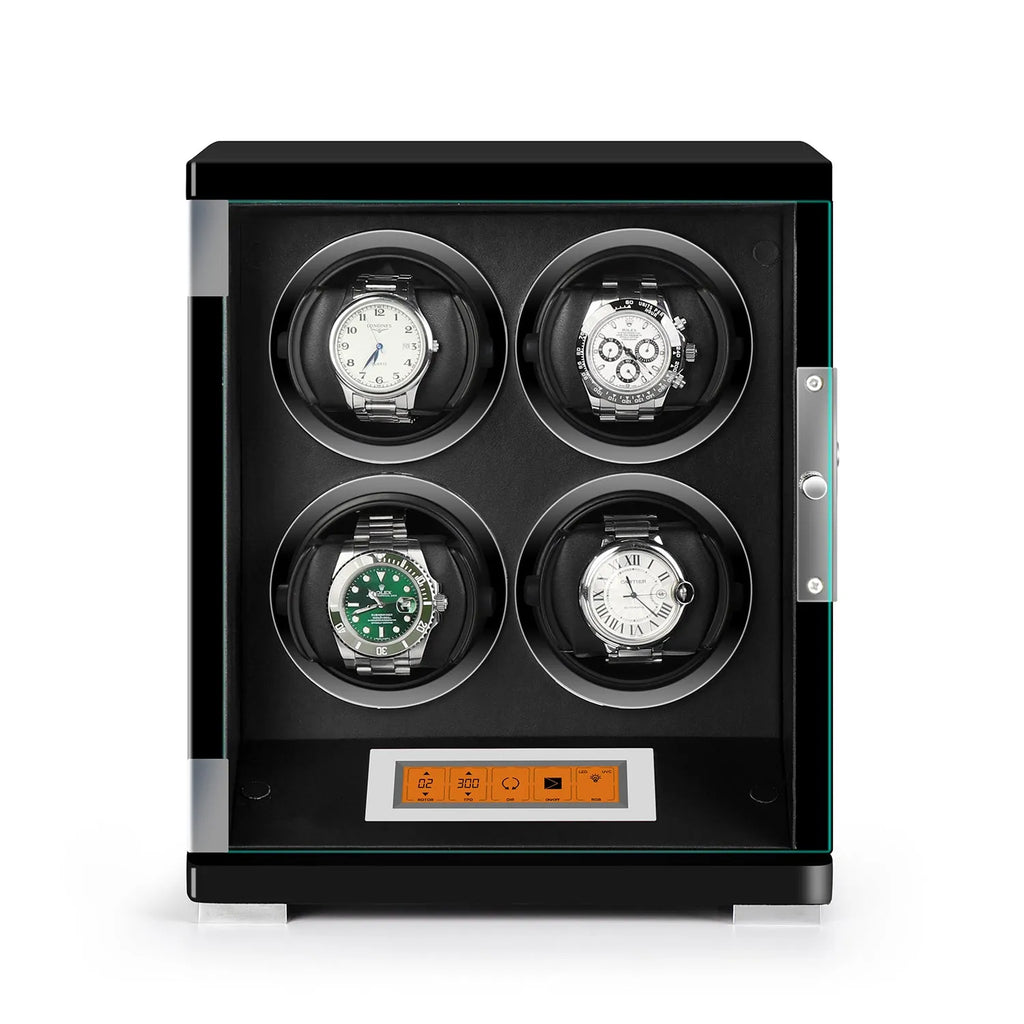 Aevitas 4 watch winder in piano black wood with glass door, black interior, and touchscreen display.