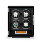 Aevitas 4 watch winder in piano black wood with glass door, black interior, and touchscreen display.