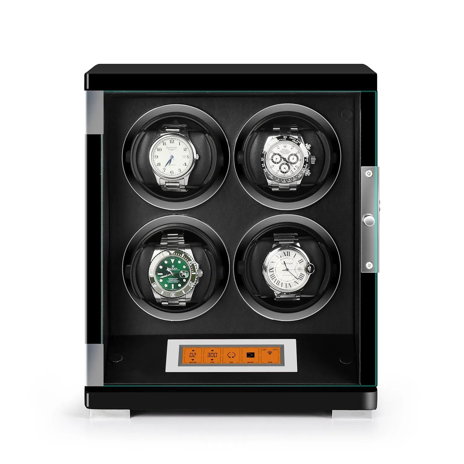 Aevitas 4 watch winder in piano black wood with glass door, black interior, and touchscreen display.