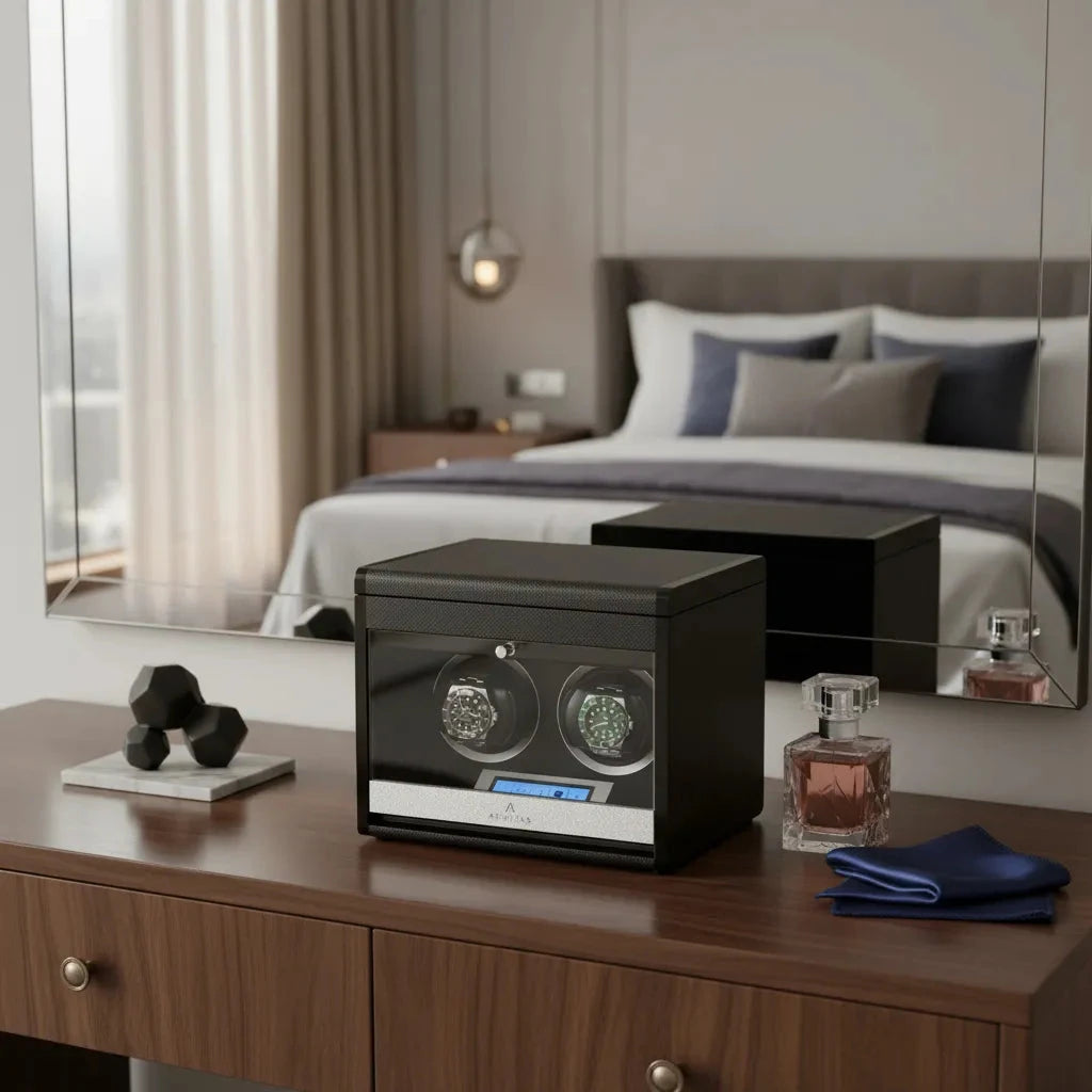 2 Watch Winder Carbon Fibre with Extra Storage Area by Aevitas