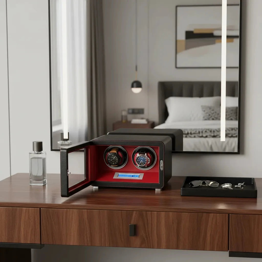 2 Watch Winder in Black Smooth Leather Finish by Aevitas