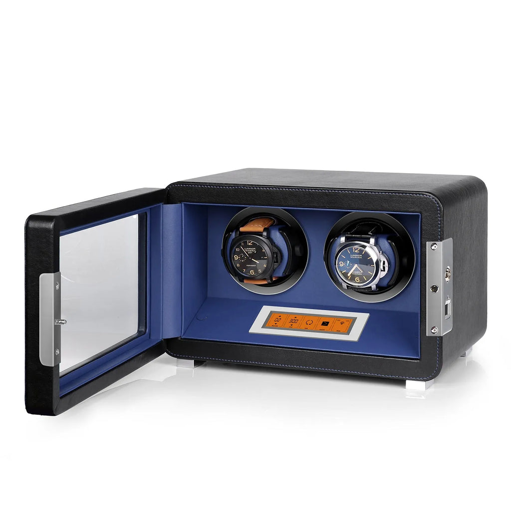 Aevitas 2-watch winder in black leather with blue interior, glass door, and digital control panel for automatic watches.