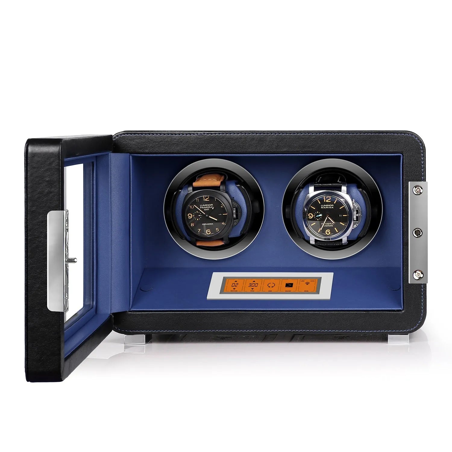 Aevitas premium 2-watch winder in black leather with a blue interior, featuring digital controls and two automatic watches.