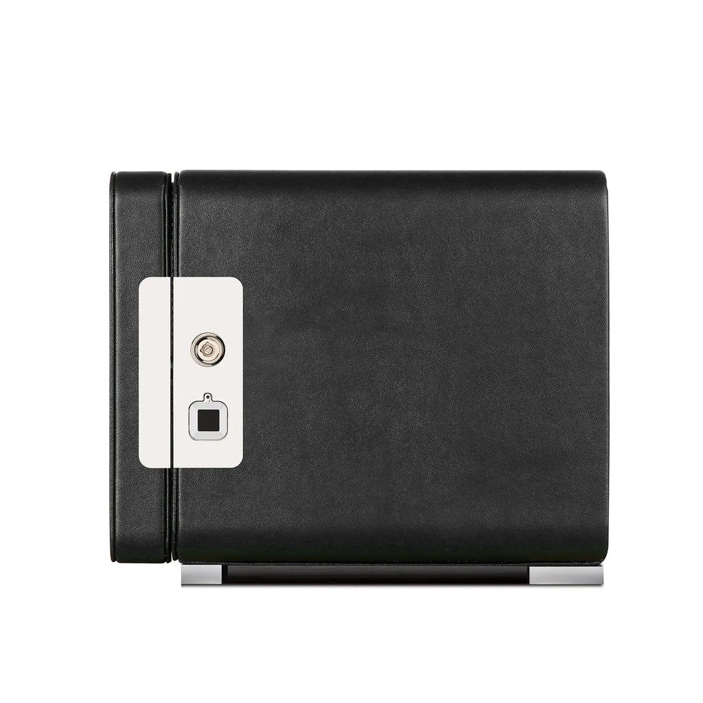 Aevitas 2-watch winder in black leather with a secure fingerprint scanner and key lock mechanism.